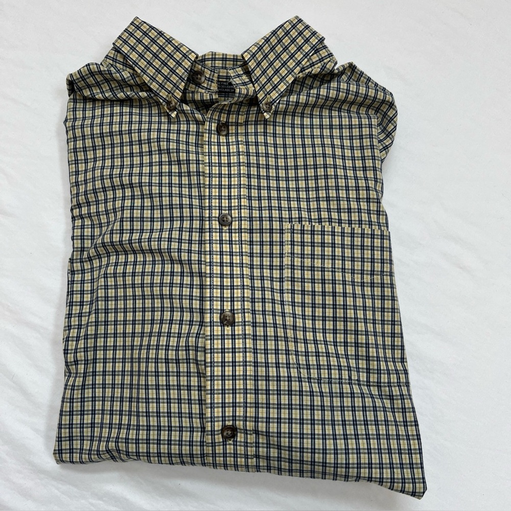 Arrow Men's Shirt Button Down Collar Check Blue Yellow Size L 16-16 1/2 Pocket